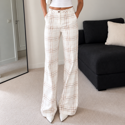 Tall girl Tall woman tailored white plaid work office pants, tall trousers, cotton fabric, 35" Inseam and 37" Inseam, front view